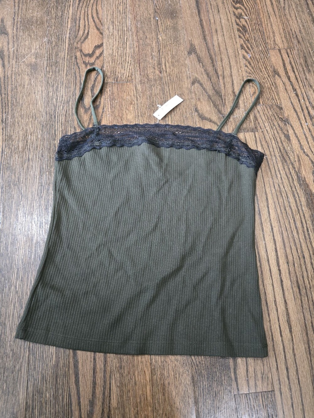 Madewell NWT Green Ribbed Lace Trim Cami Tank Top Large Cotton Modal